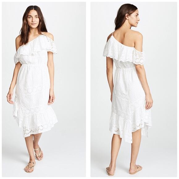🆕 Joie Corynn Eyelet Porcelaine White Asymmetrical Midi Dress Size Large New - Picture 1 of 6